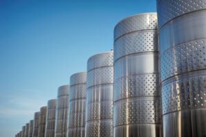 Stainless steel tank at the winery for wine maturation